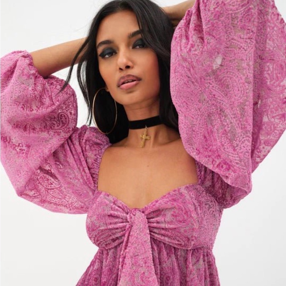 NWOT For Love & Lemons Francesca Paisley Babydoll Bubble Sleeve Dress Size 1X - Picture 2 of 11